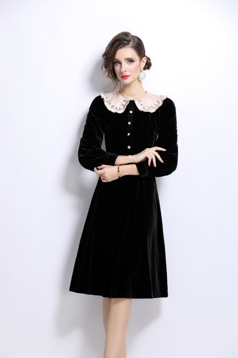 French Lace Collar Knee Length Black Velvet Dress - 0cm