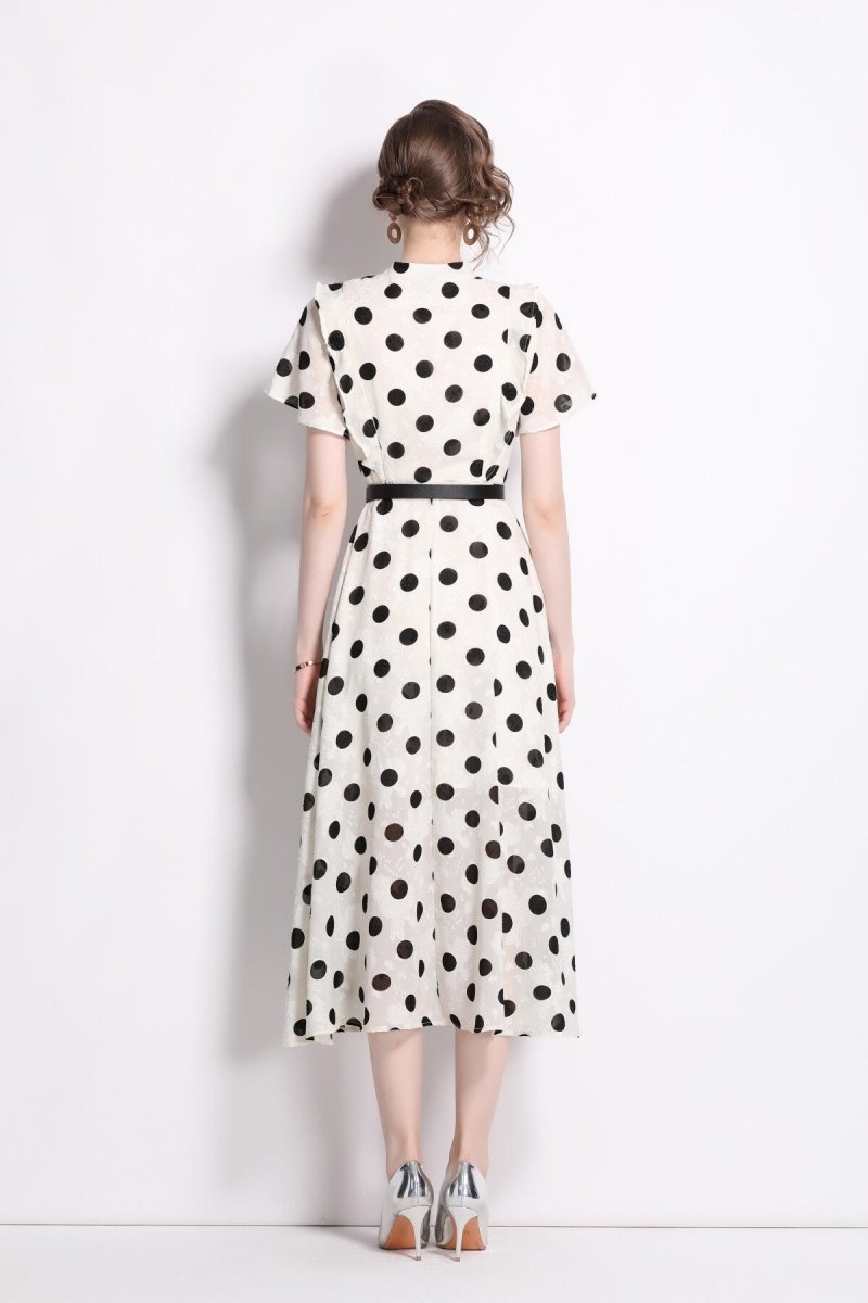 French Polka Dot Print Stand Collar Midi A Line Dress - 0cm