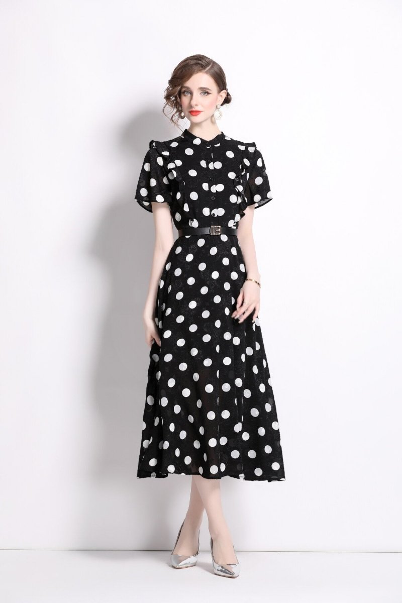French Polka Dot Print Stand Collar Midi A Line Dress - 0cm