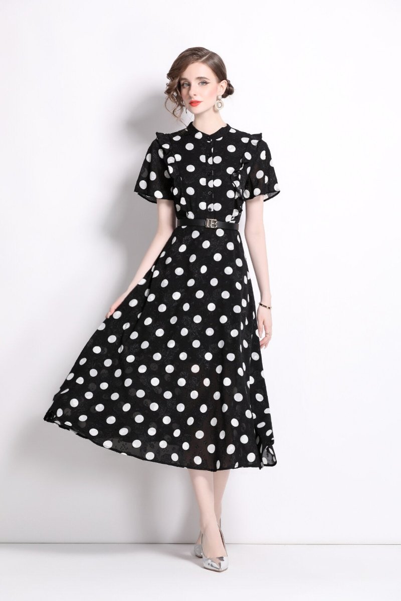 French Polka Dot Print Stand Collar Midi A Line Dress - 0cm