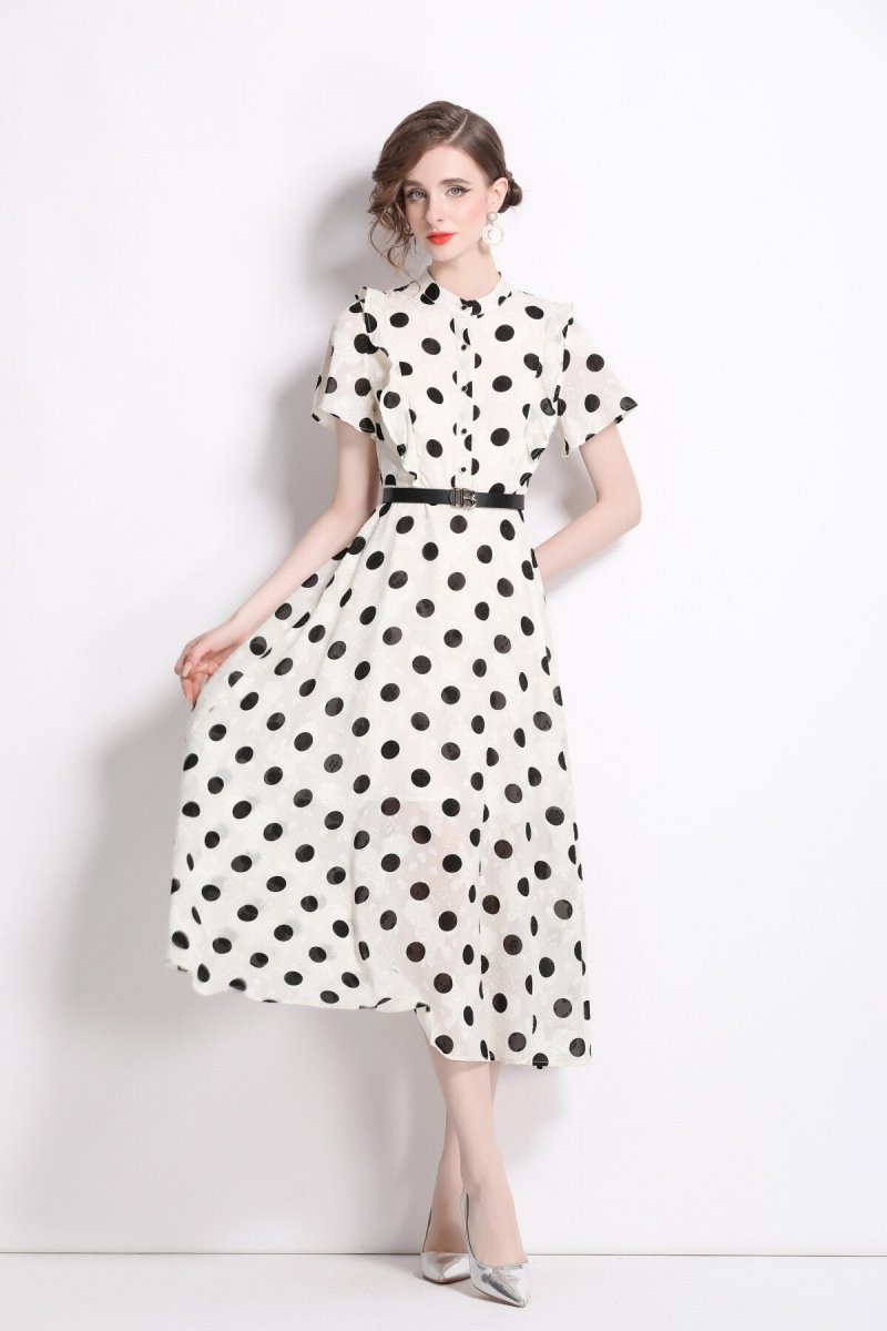 French Polka Dot Print Stand Collar Midi A Line Dress - 0cm