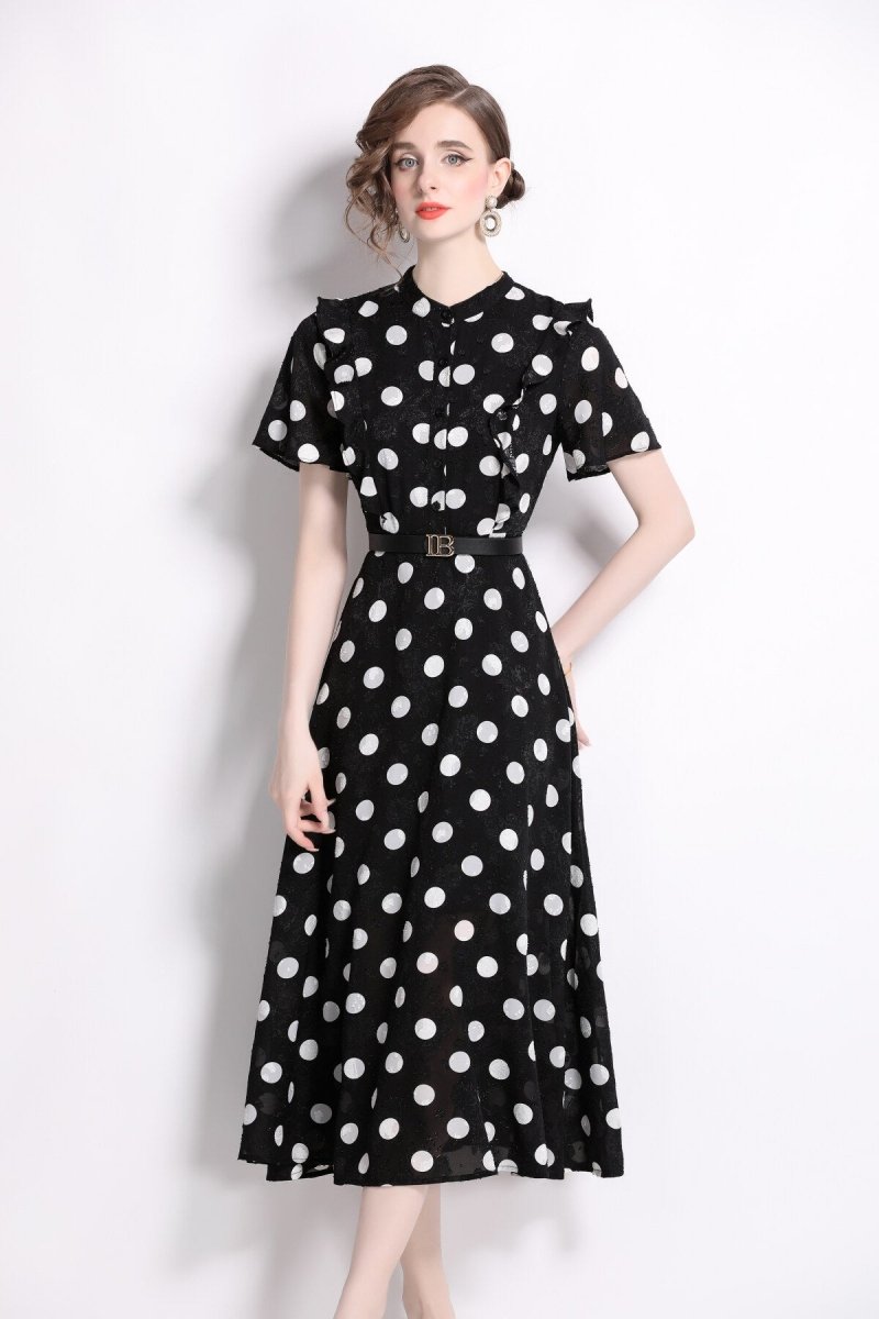 French Polka Dot Print Stand Collar Midi A Line Dress - 0cm