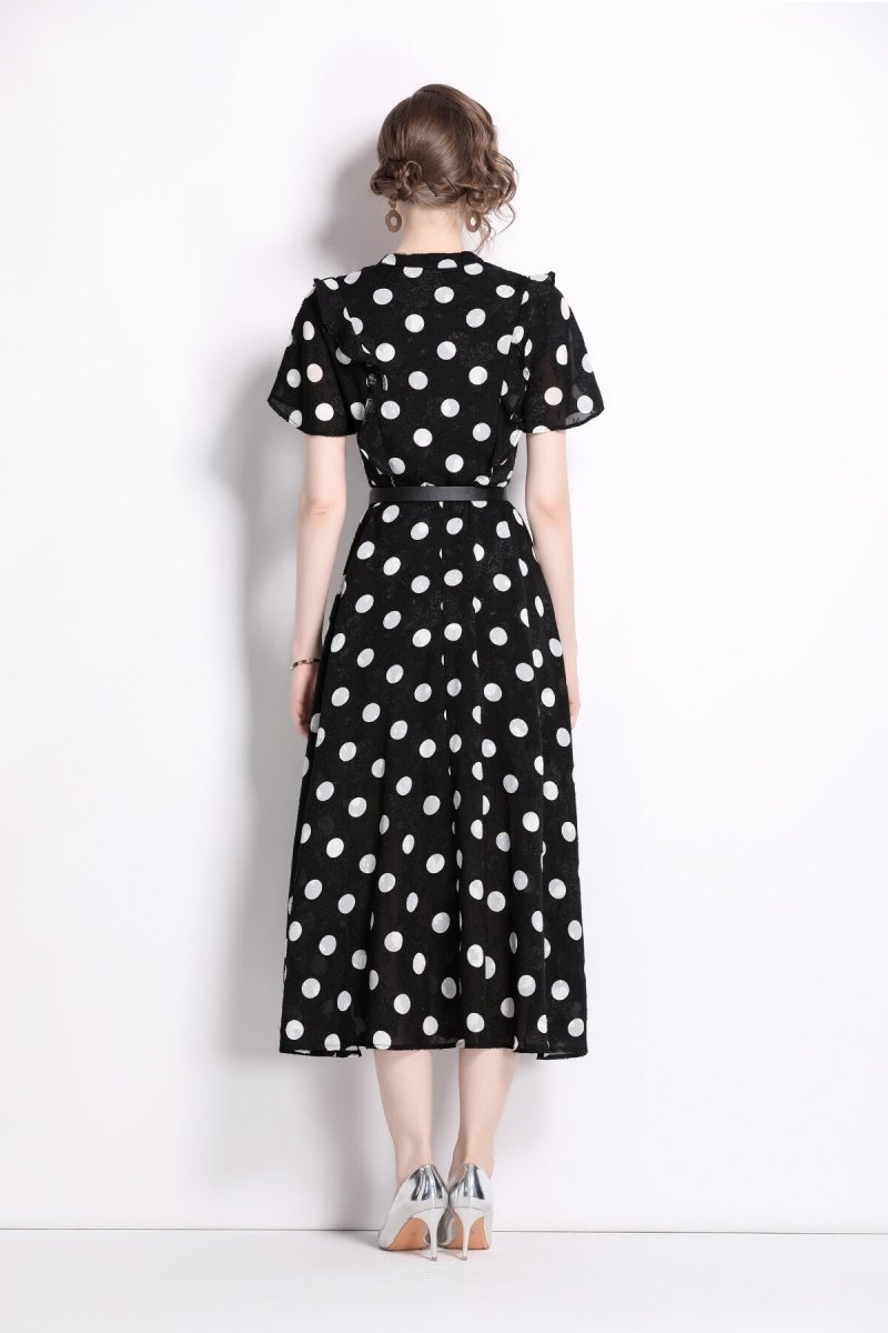 French Polka Dot Print Stand Collar Midi A Line Dress - 0cm