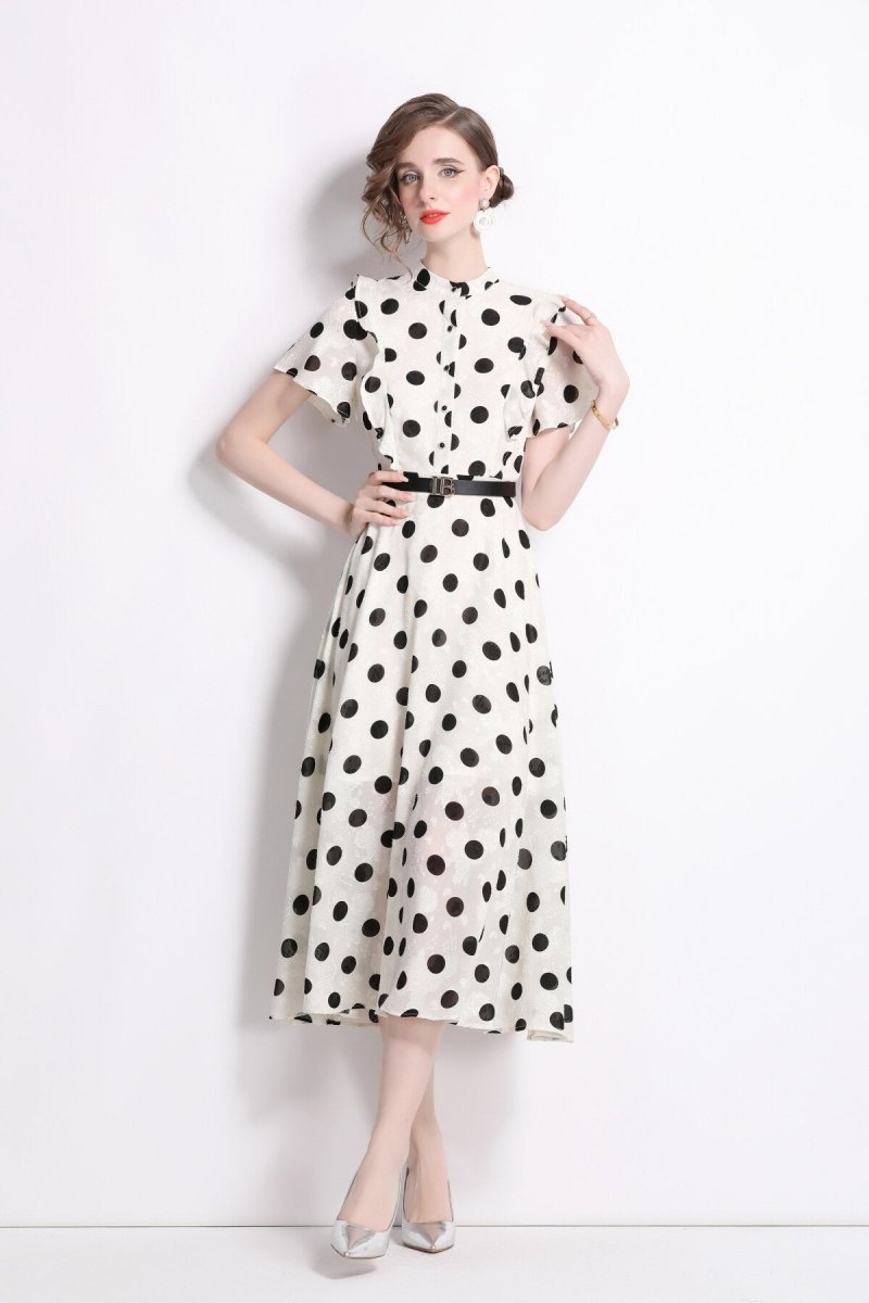 French Polka Dot Print Stand Collar Midi A Line Dress - 0cm