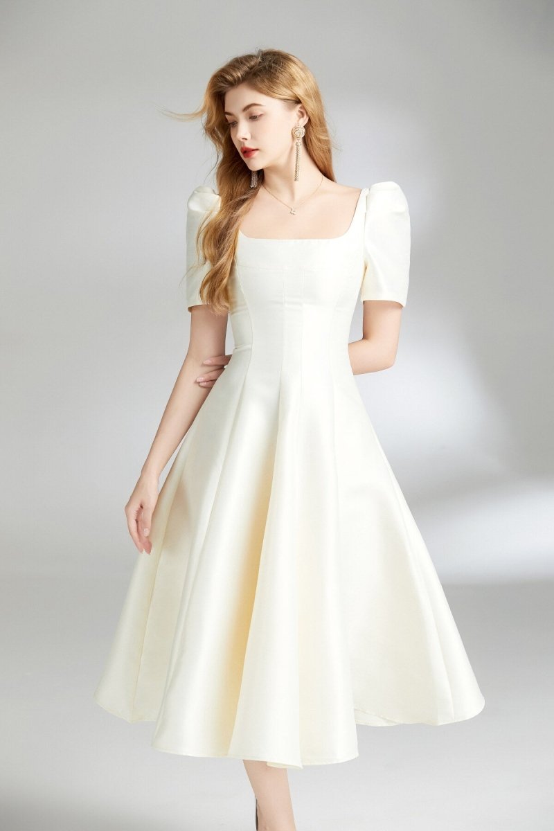 french square neck flared evening dress all white 2