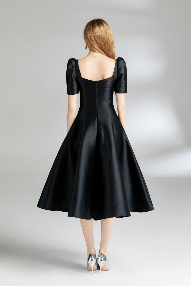 french square neck flared evening dress all black 4