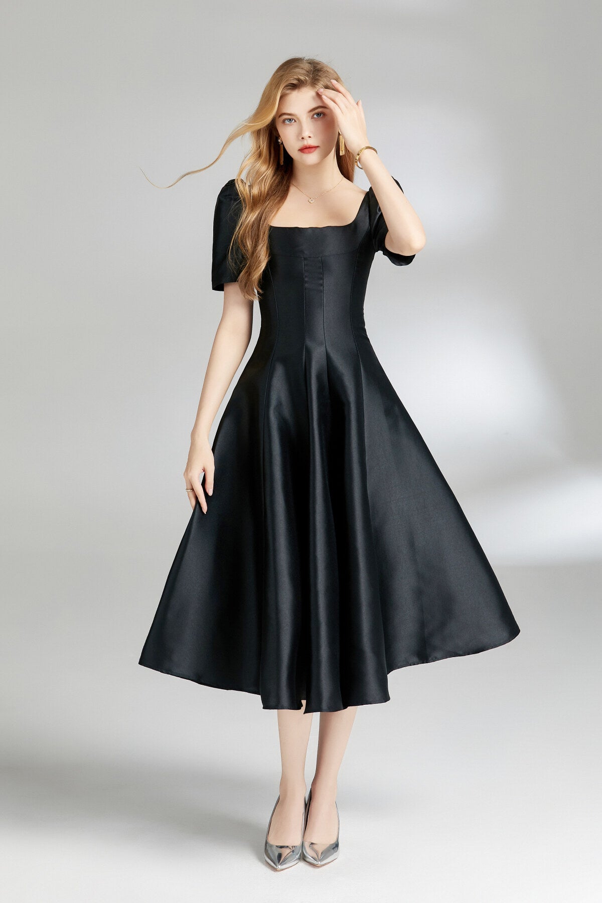 french square neck flared evening dress all black 1