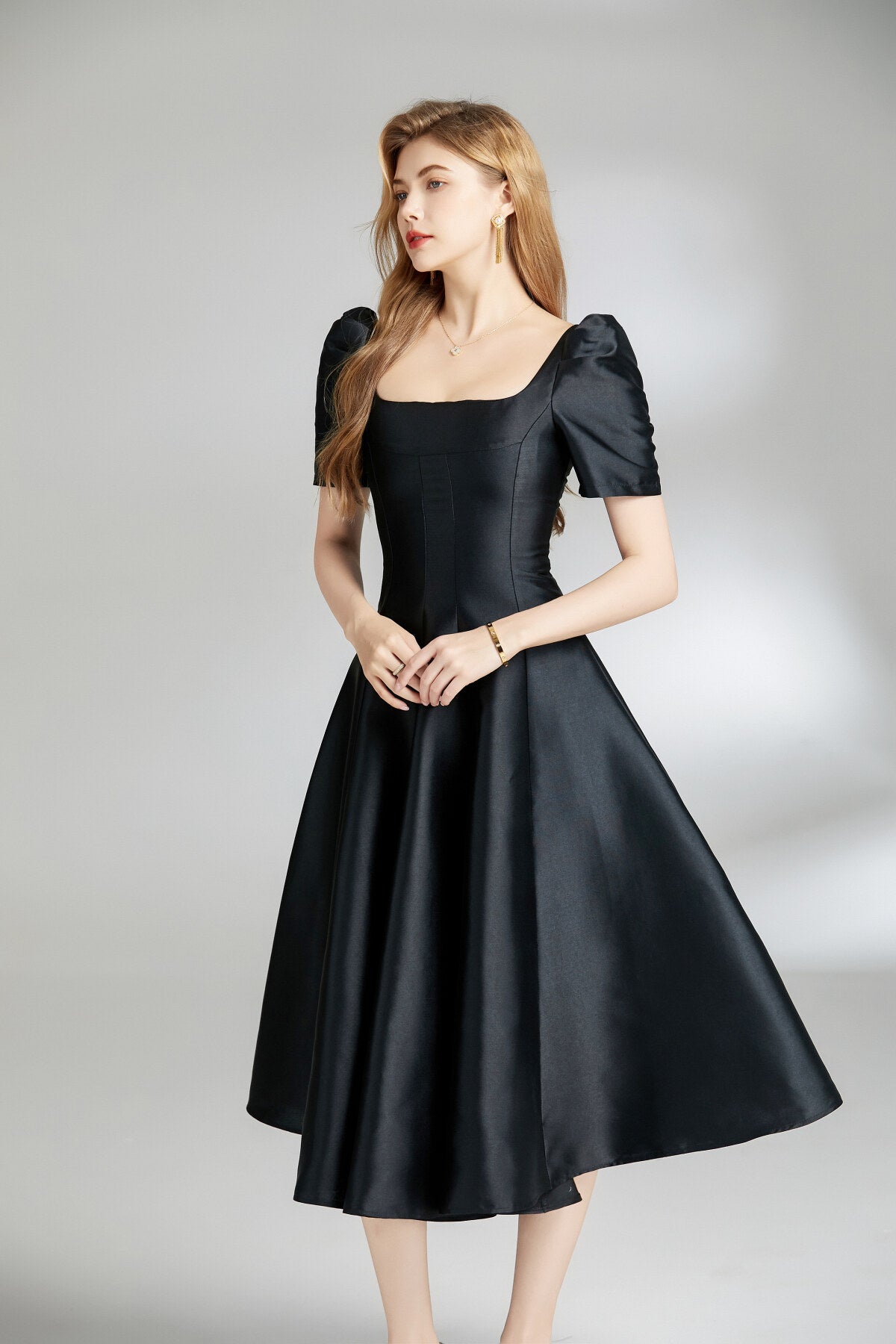 french square neck flared evening dress all black 2