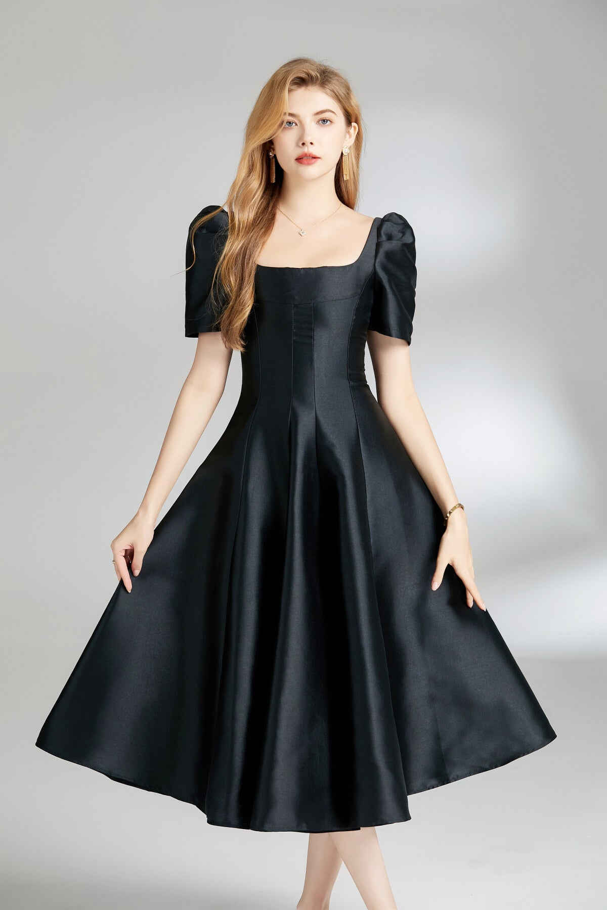 french square neck flared evening dress all black 3