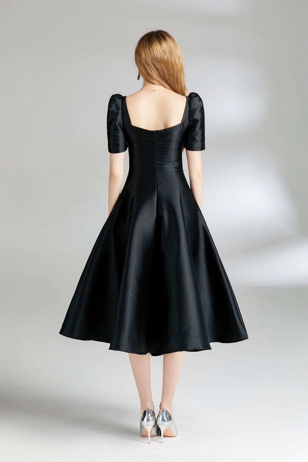 french square neck flared evening dress all black 4