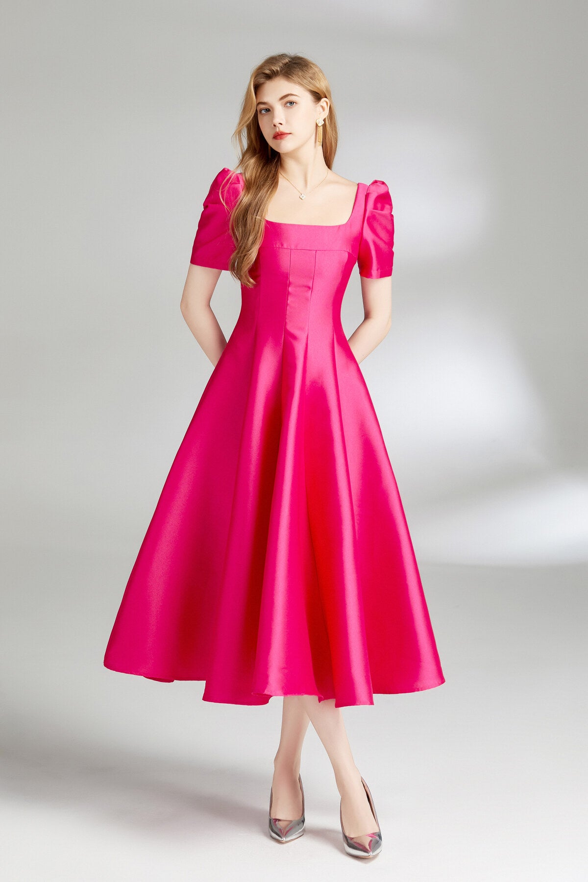 french square neck flared evening dress all rose 1