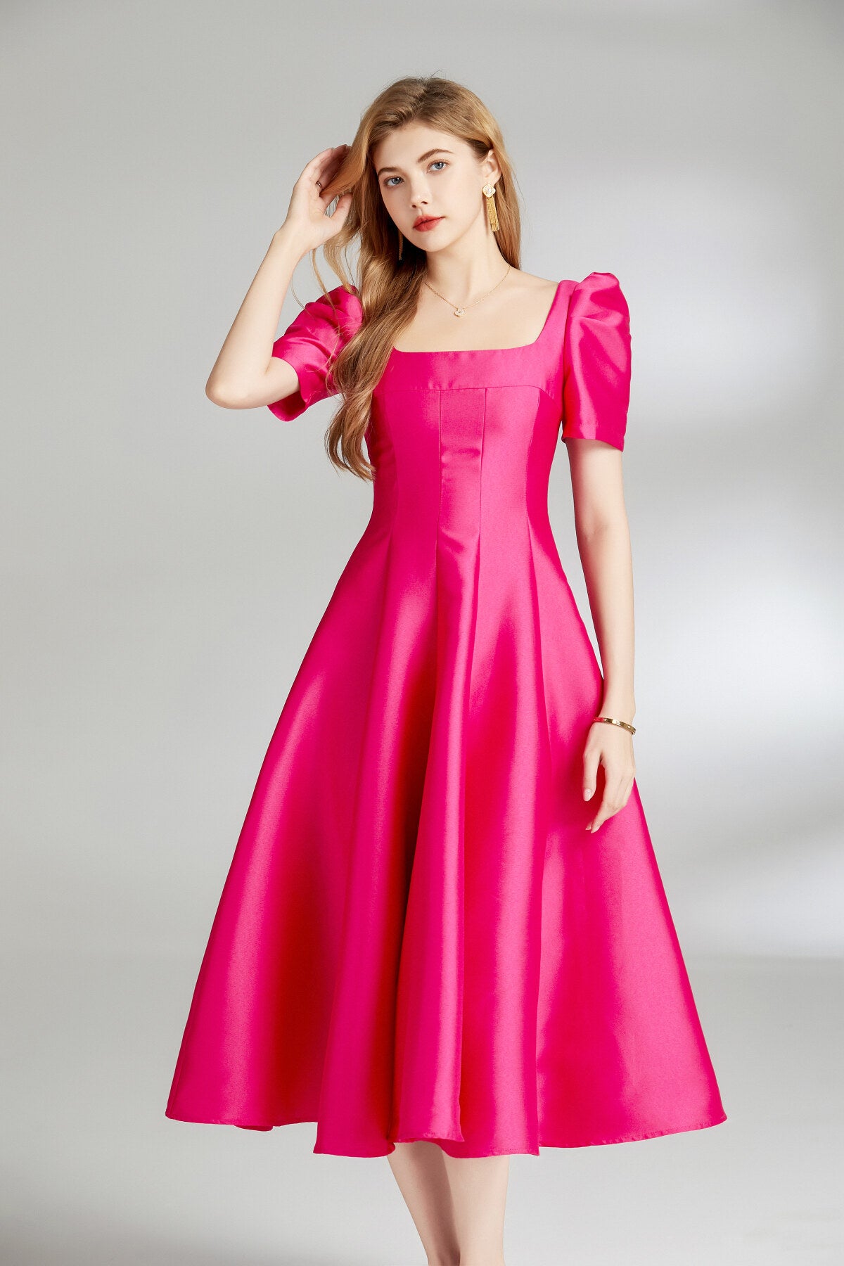 french square neck flared evening dress all rose 2