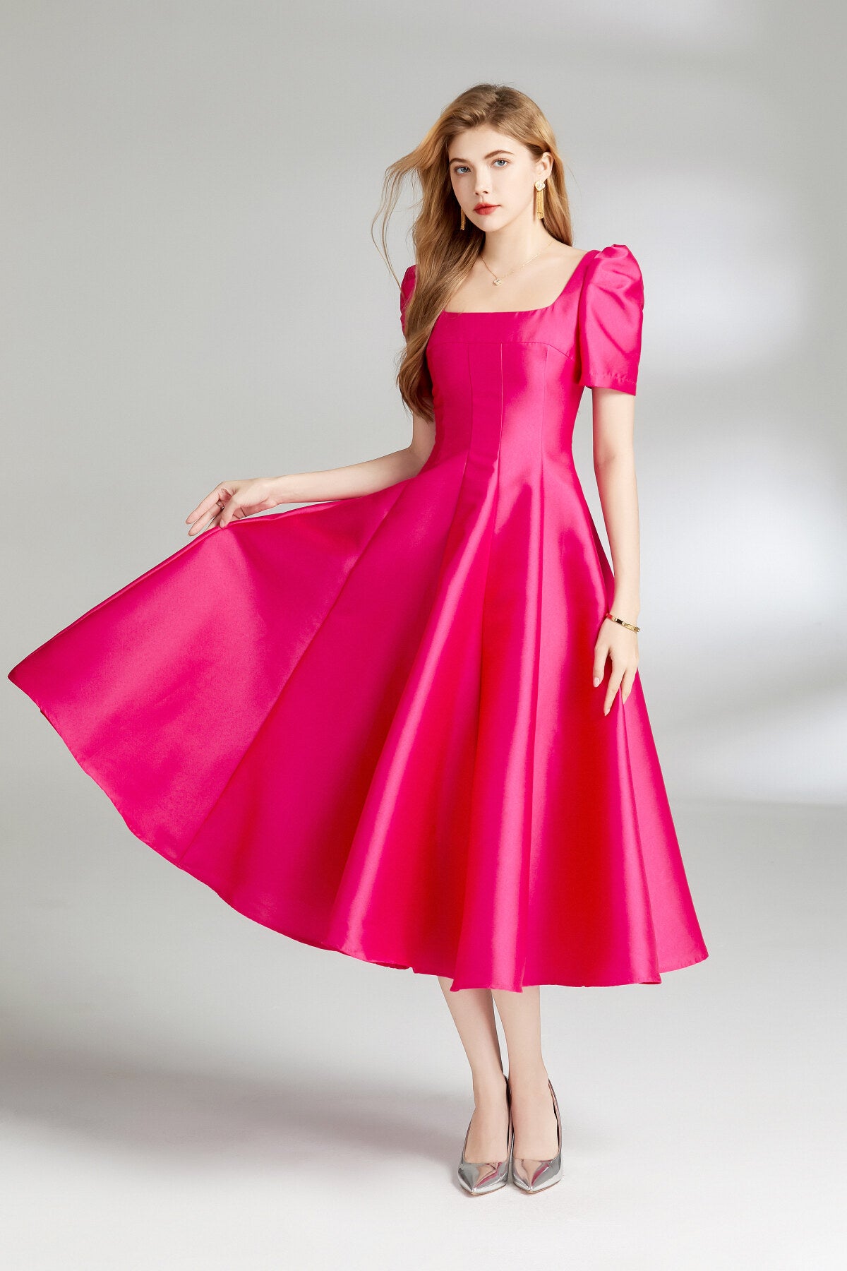 french square neck flared evening dress all rose 3
