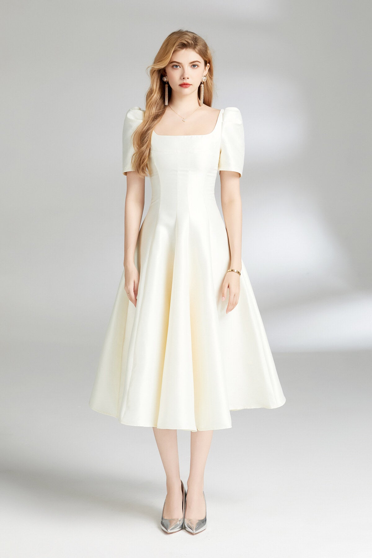 french square neck flared evening dress all white 1