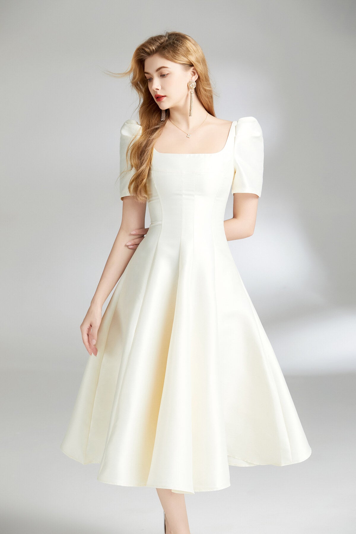 french square neck flared evening dress all white 2