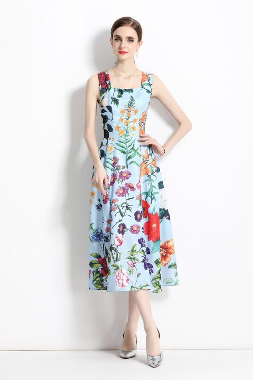 French Vintage Blue Floral High Waist Thick Strap Dress - 0cm