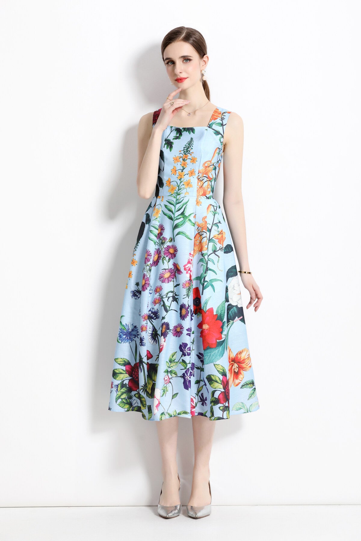 french vintage blue floral high waist thick strap dress all blue 2