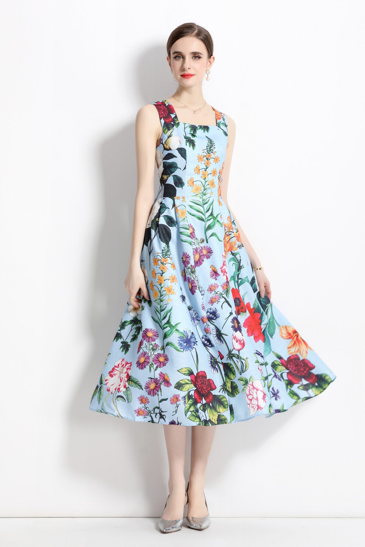 french vintage blue floral high waist thick strap dress all blue 3