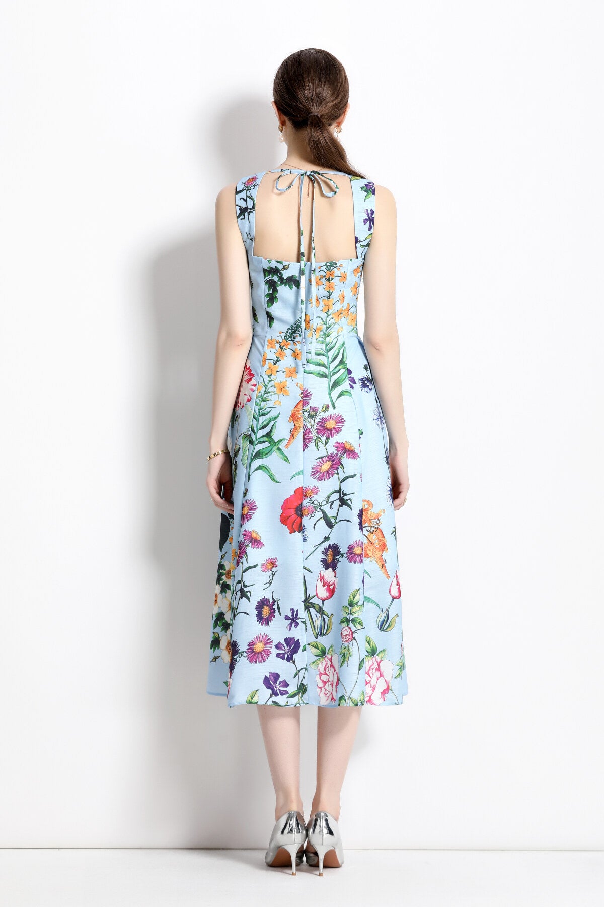 french vintage blue floral high waist thick strap dress all blue 4