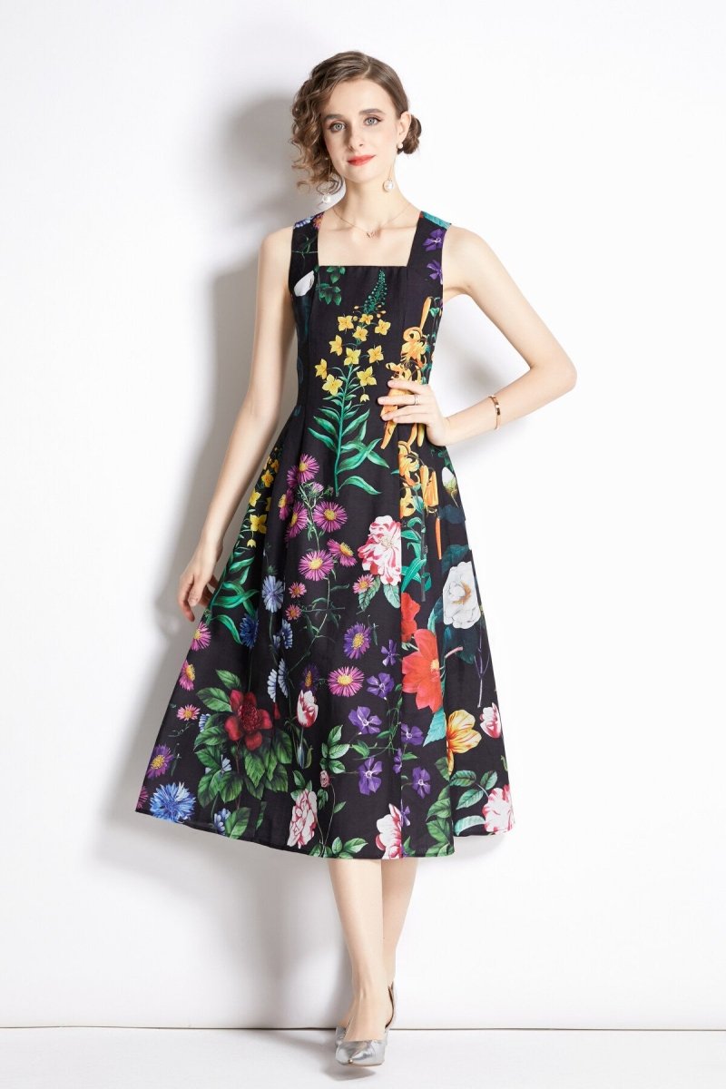 french vintage floral black high waist spaghetti strap dress all floral 1
