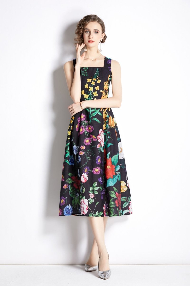 french vintage floral black high waist spaghetti strap dress all floral 3