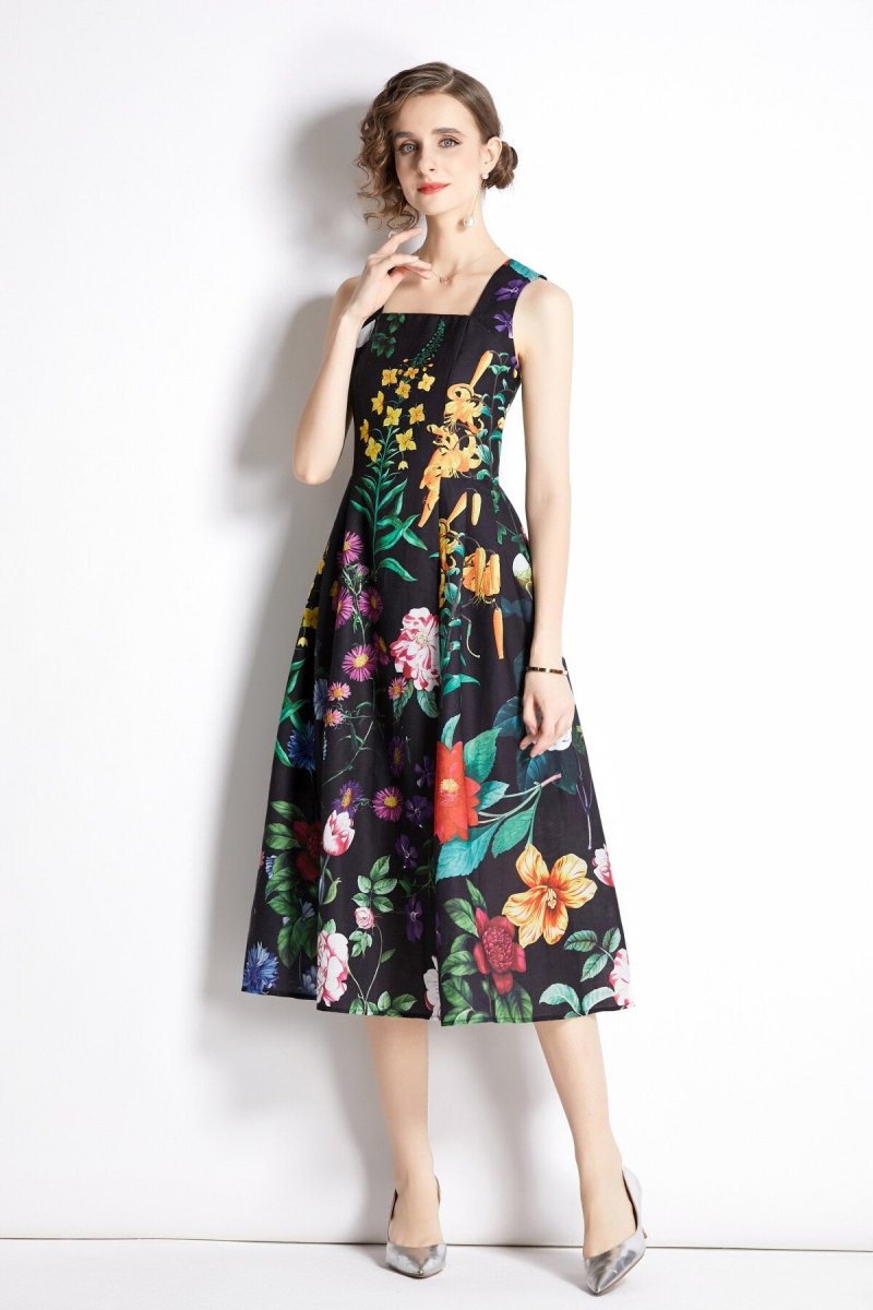 french vintage floral black high waist spaghetti strap dress all floral 2