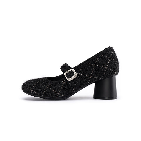 French Vintage Mary Jane Block Heels – Quilted Tweed Crystal Buckle Pumps