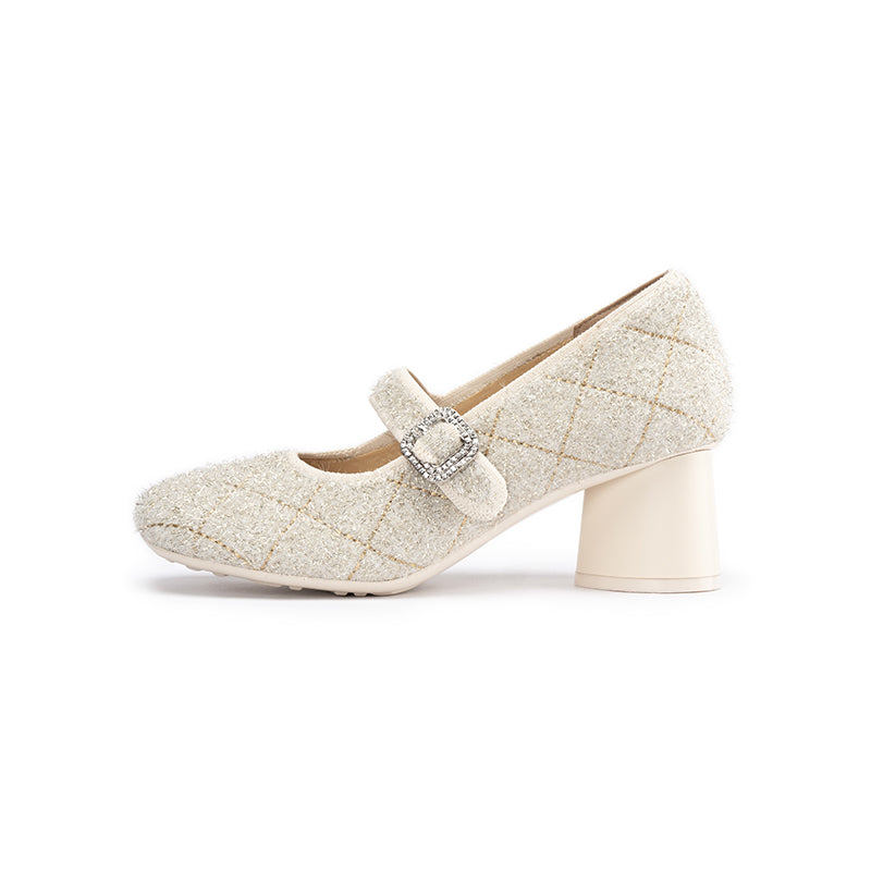 French Vintage Mary Jane Block Heels – Quilted Tweed Crystal Buckle Pumps