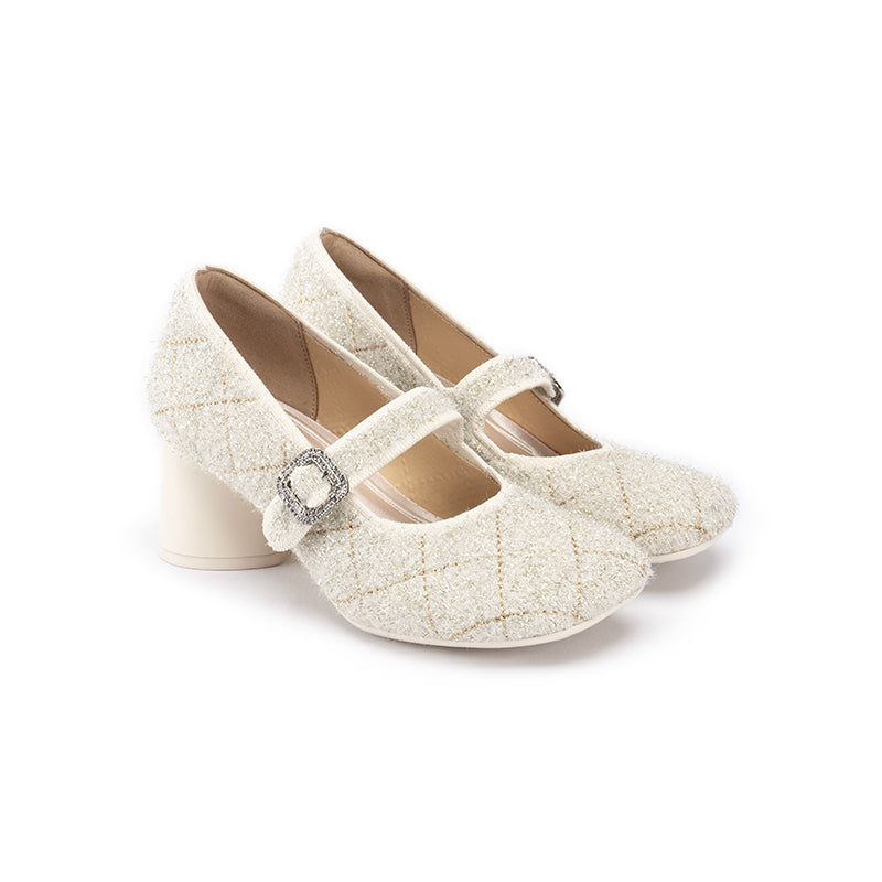 French Vintage Mary Jane Block Heels – Quilted Tweed Crystal Buckle Pumps