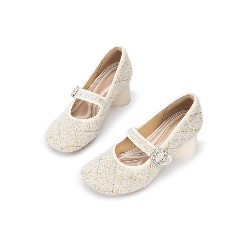French Vintage Mary Jane Block Heels – Quilted Tweed Crystal Buckle Pumps