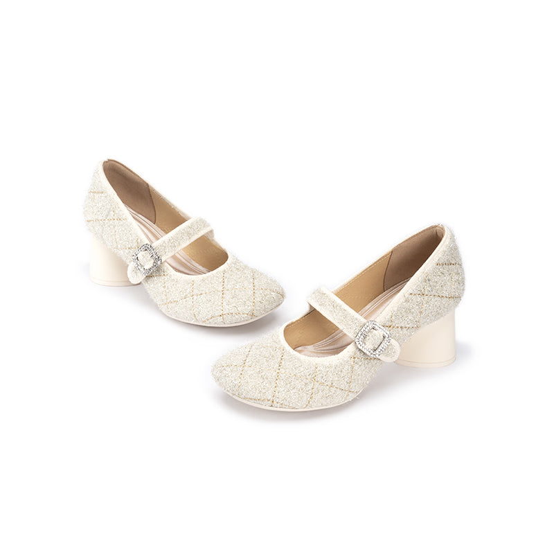 French Vintage Mary Jane Block Heels – Quilted Tweed Crystal Buckle Pumps