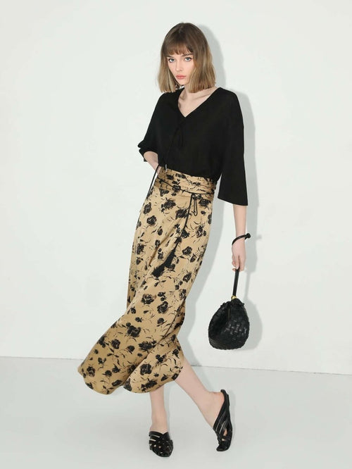 Fringe Tassel High - Waist Floral Pleated Midi Skirt - 0cm