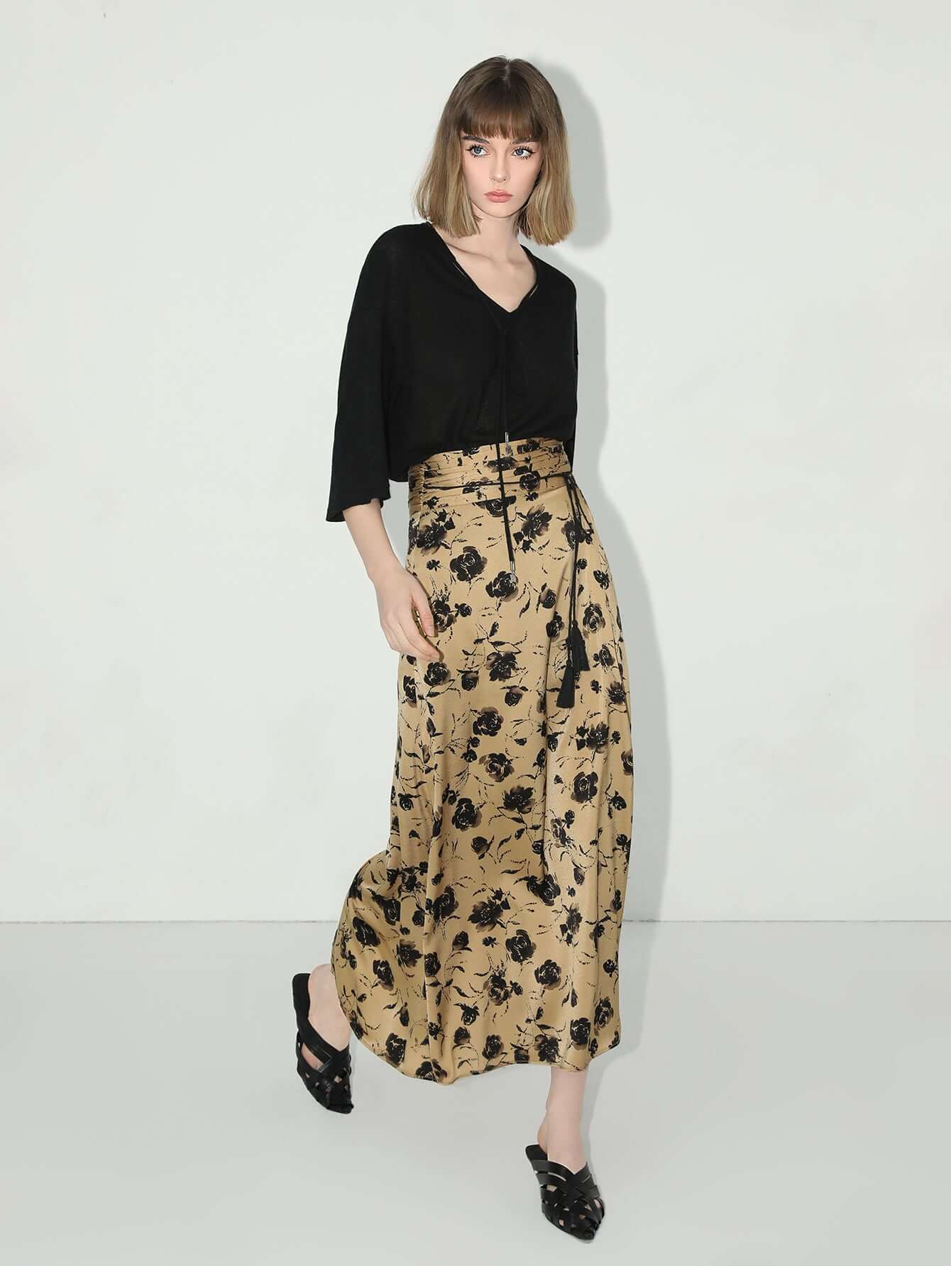 fringe tassel high waist floral pleated midi skirt all gold 2