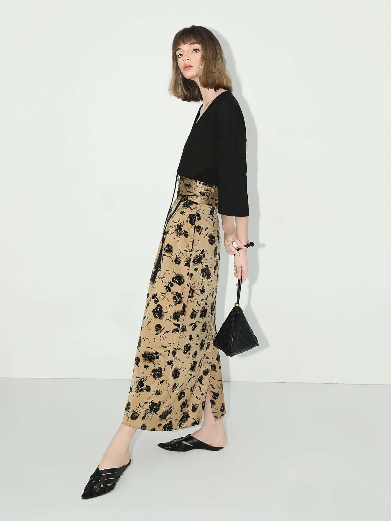 fringe tassel high waist floral pleated midi skirt all gold 3