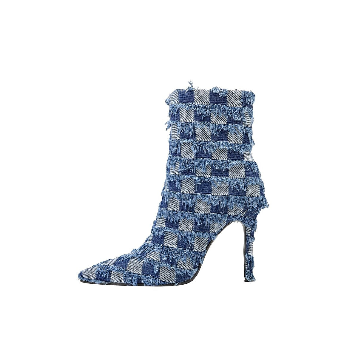 Fringed Checkerboard Denim Pointed Toe Stiletto Ankle Boots