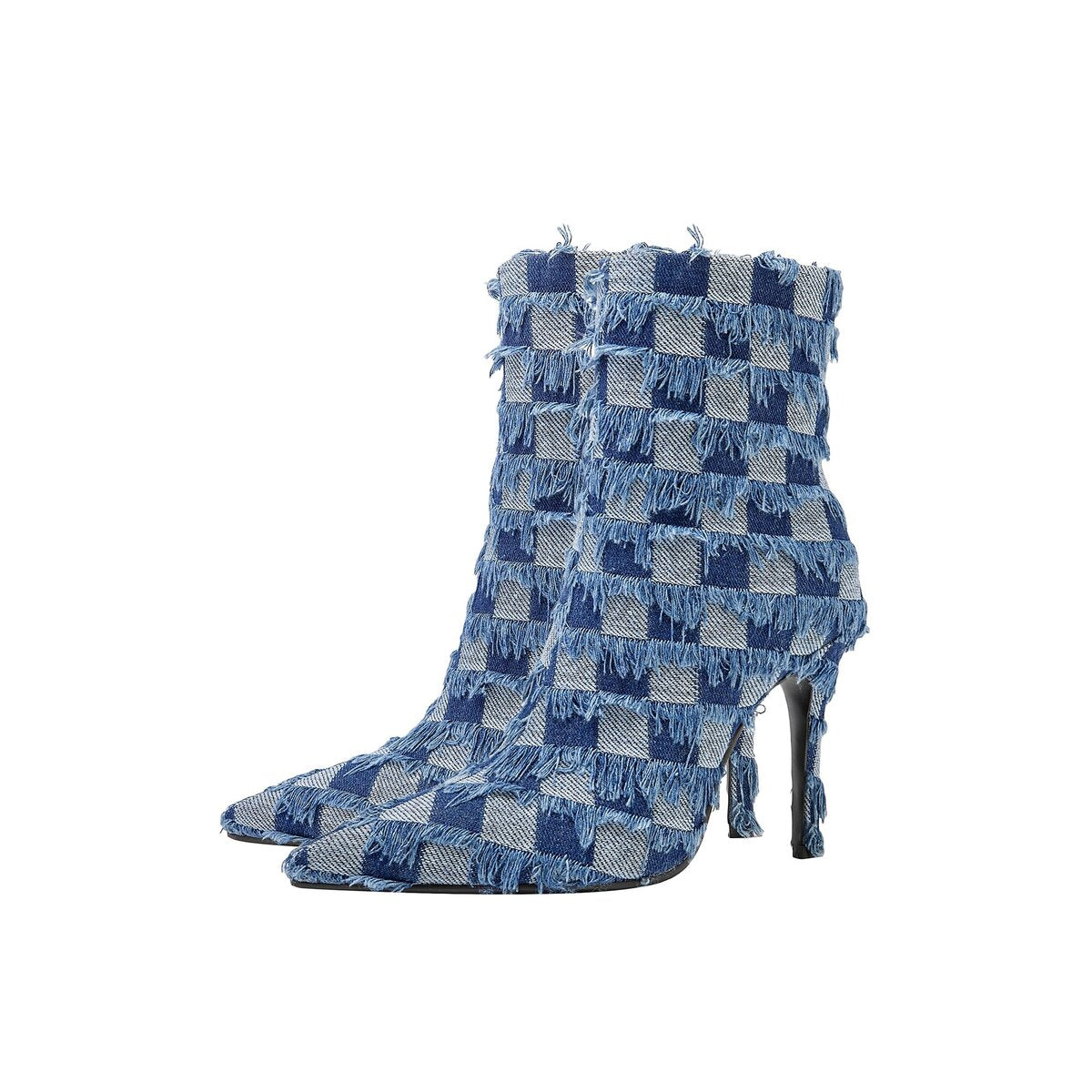 Fringed Checkerboard Denim Pointed Toe Stiletto Ankle Boots