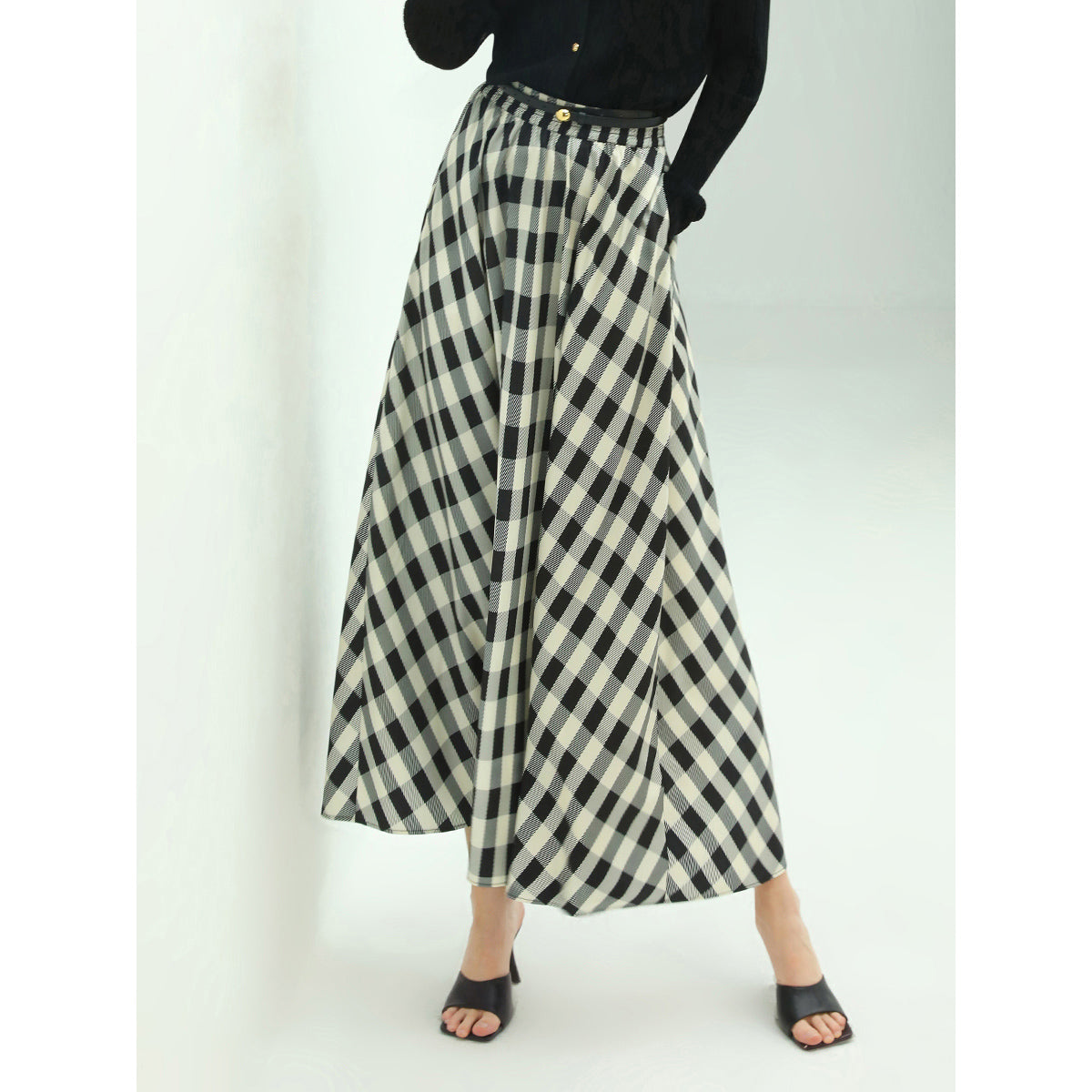 Full A Line High Waist Checkered Maxi Skirt