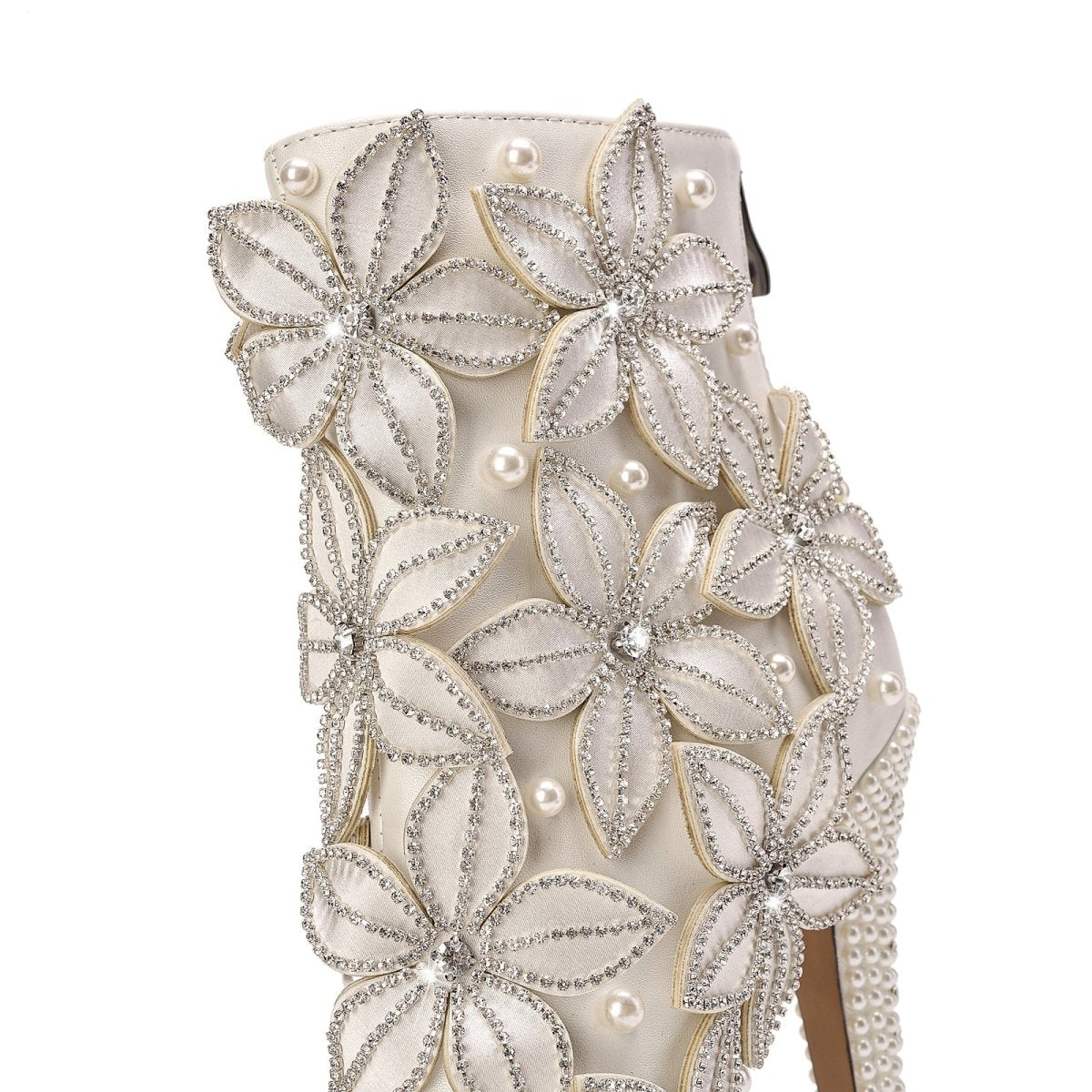 Full Floral Bloom Embellished White Ankle Boots - 0cm