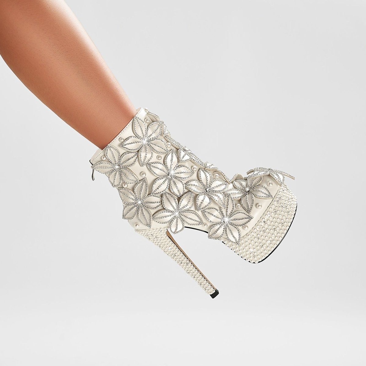 Full Floral Bloom Embellished White Ankle Boots - 0cm