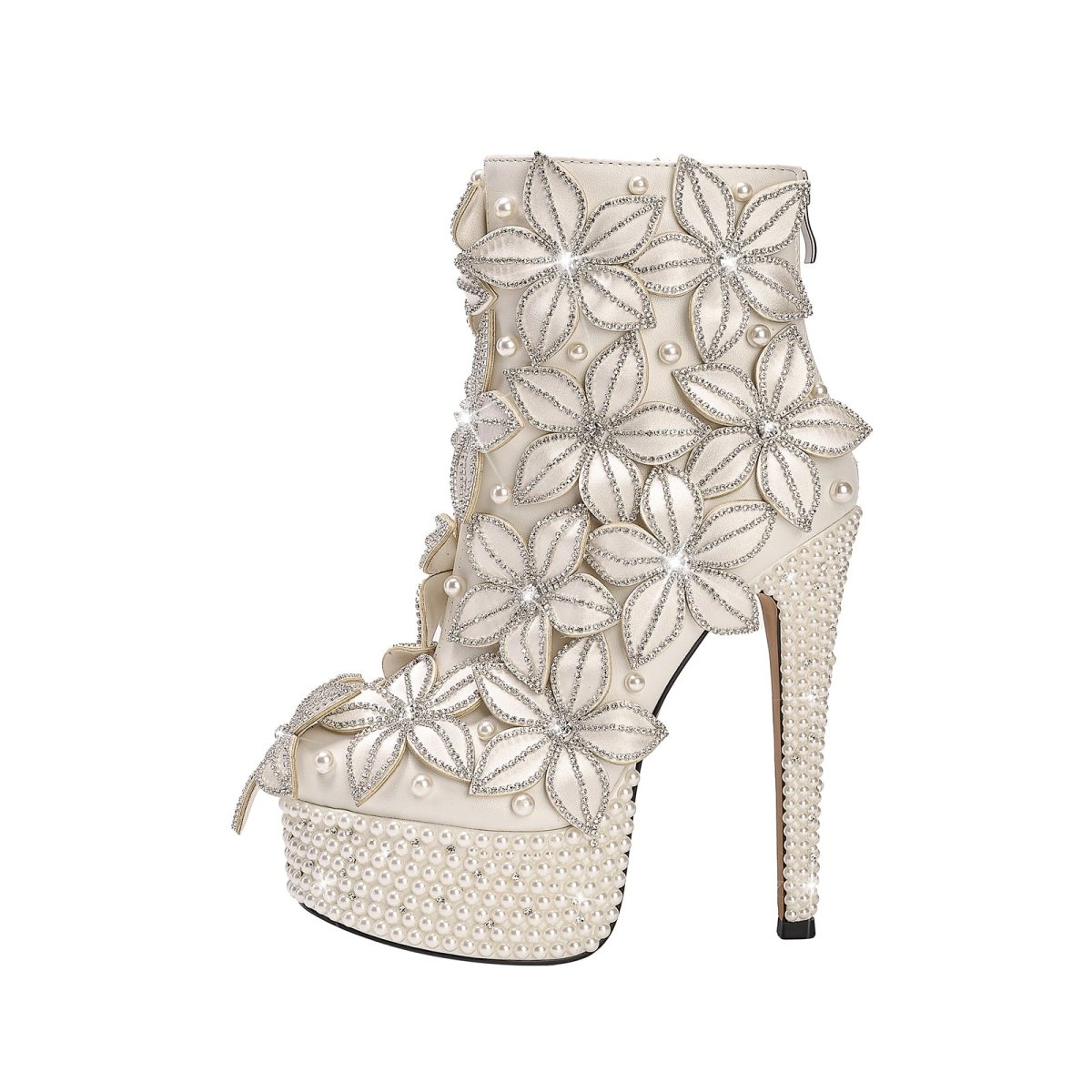 Full Floral Bloom Embellished White Ankle Boots - 0cm