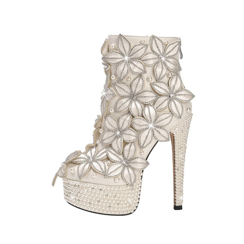 Full Floral Bloom Embellished White Ankle Boots - 0cm