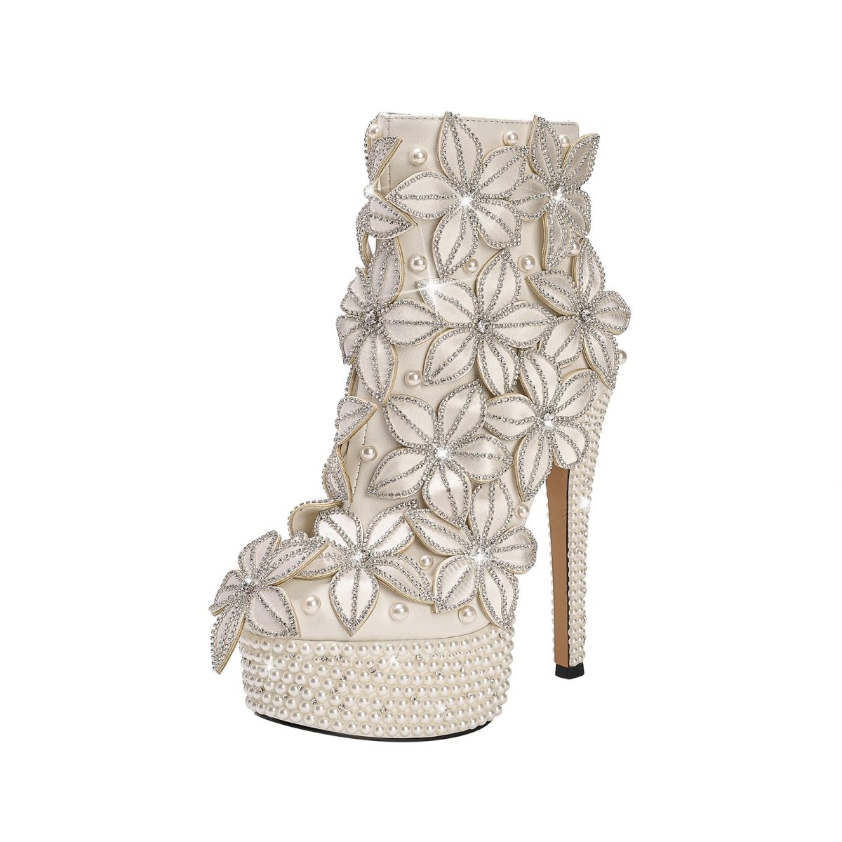Full Floral Bloom Embellished White Ankle Boots - 0cm