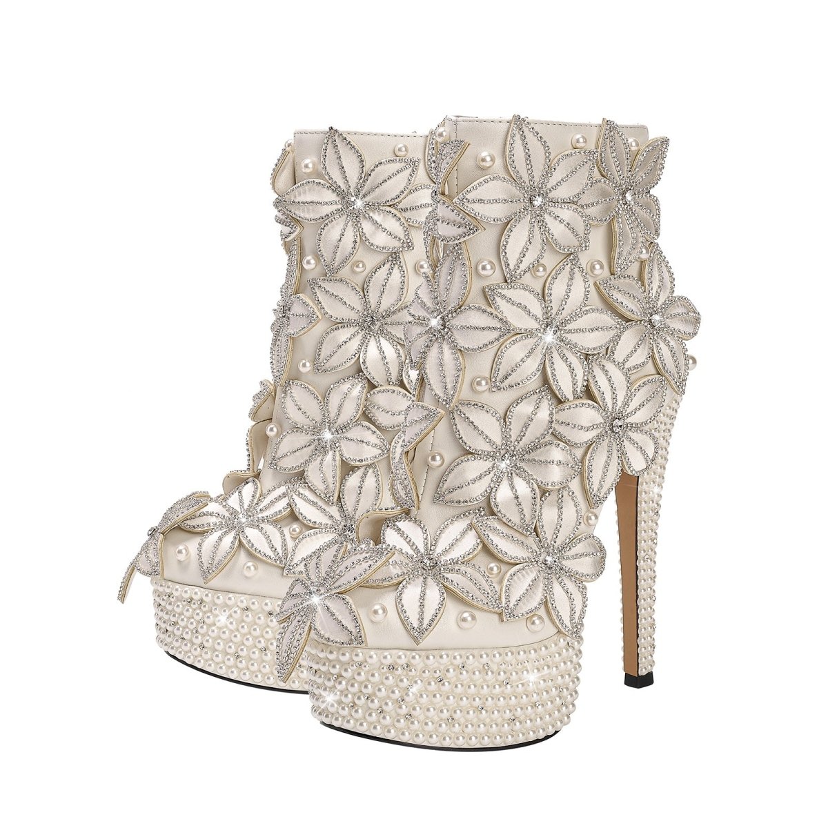 Full Floral Bloom Embellished White Ankle Boots - 0cm