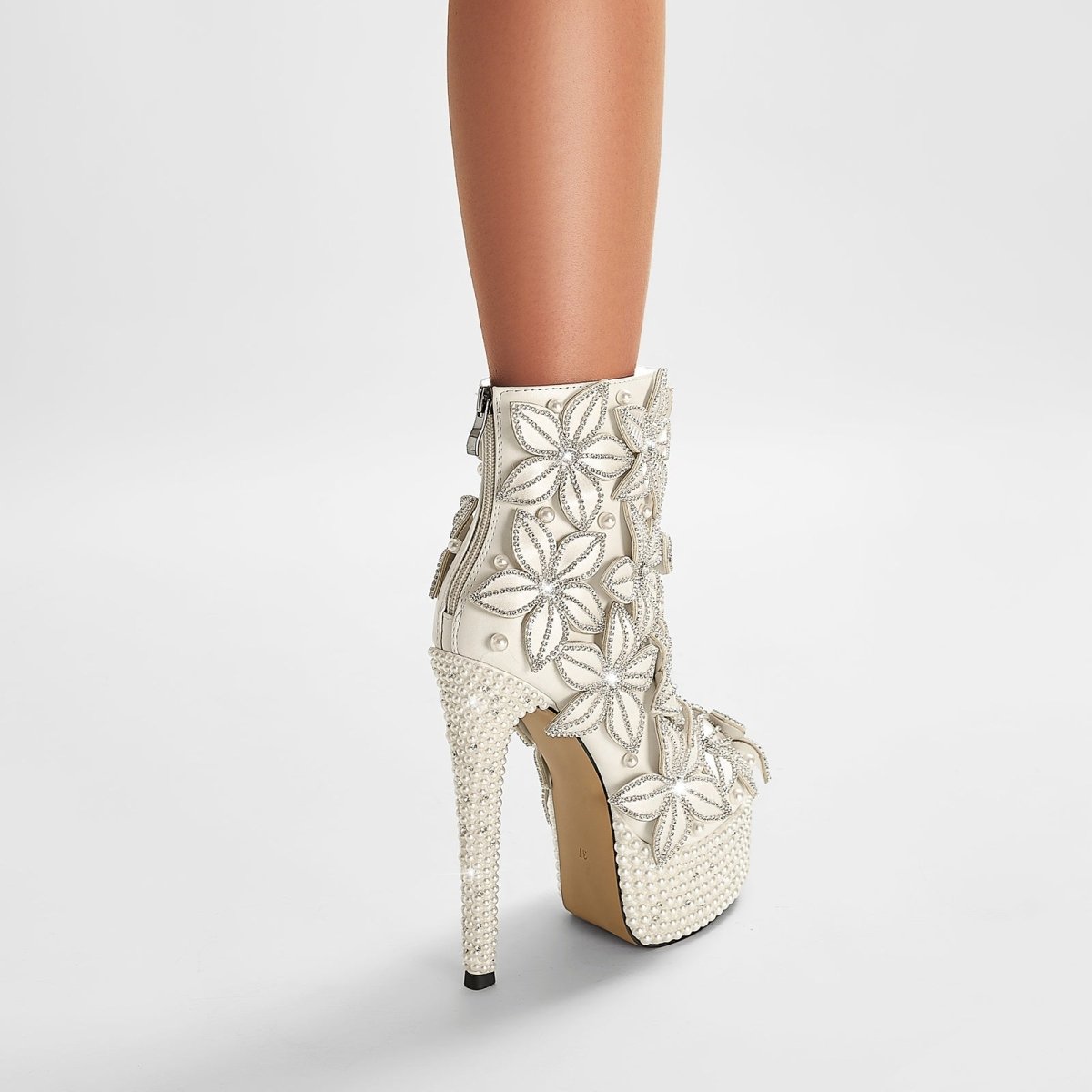 Full Floral Bloom Embellished White Ankle Boots - 0cm