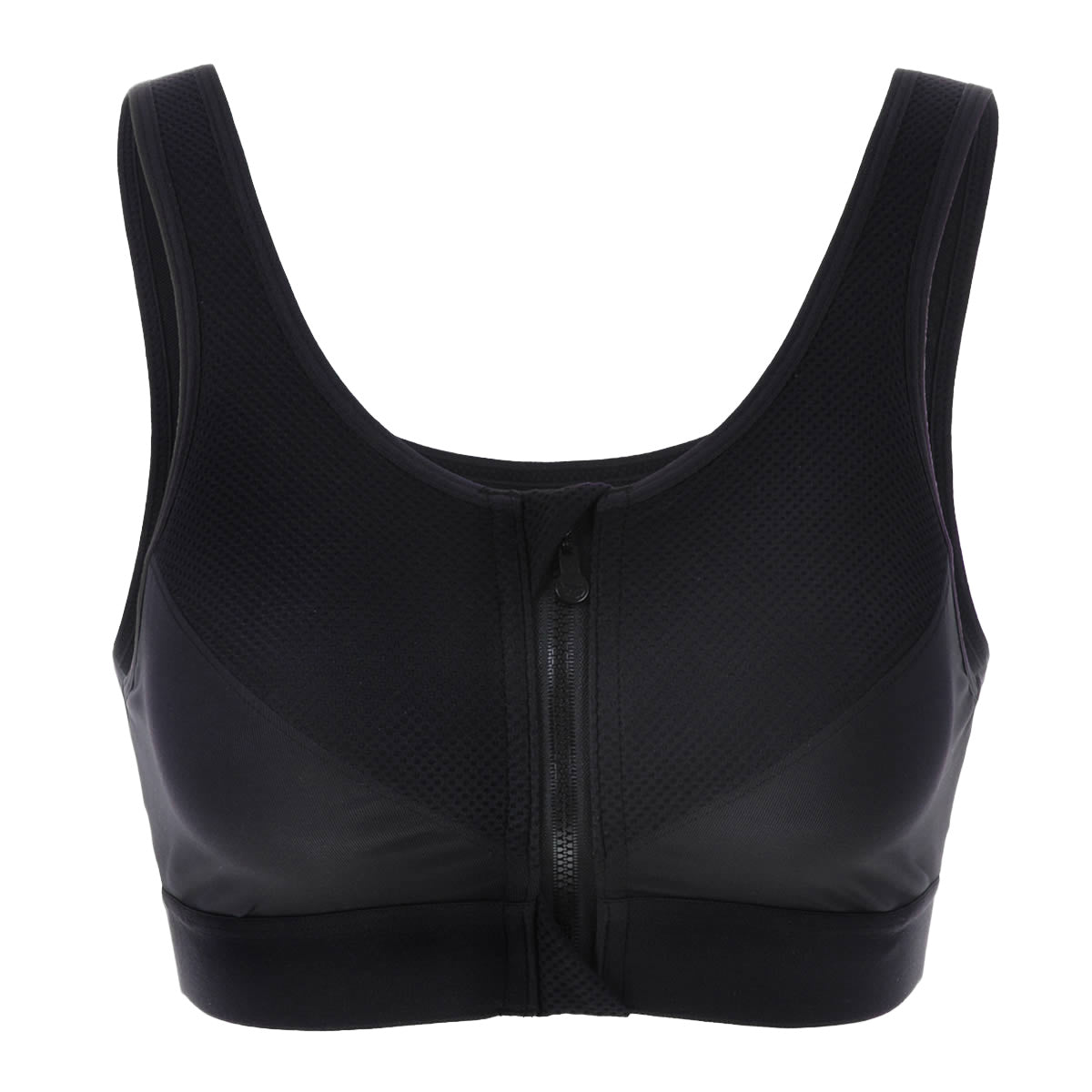 full length zip front wireless racerback sports bra all black 4