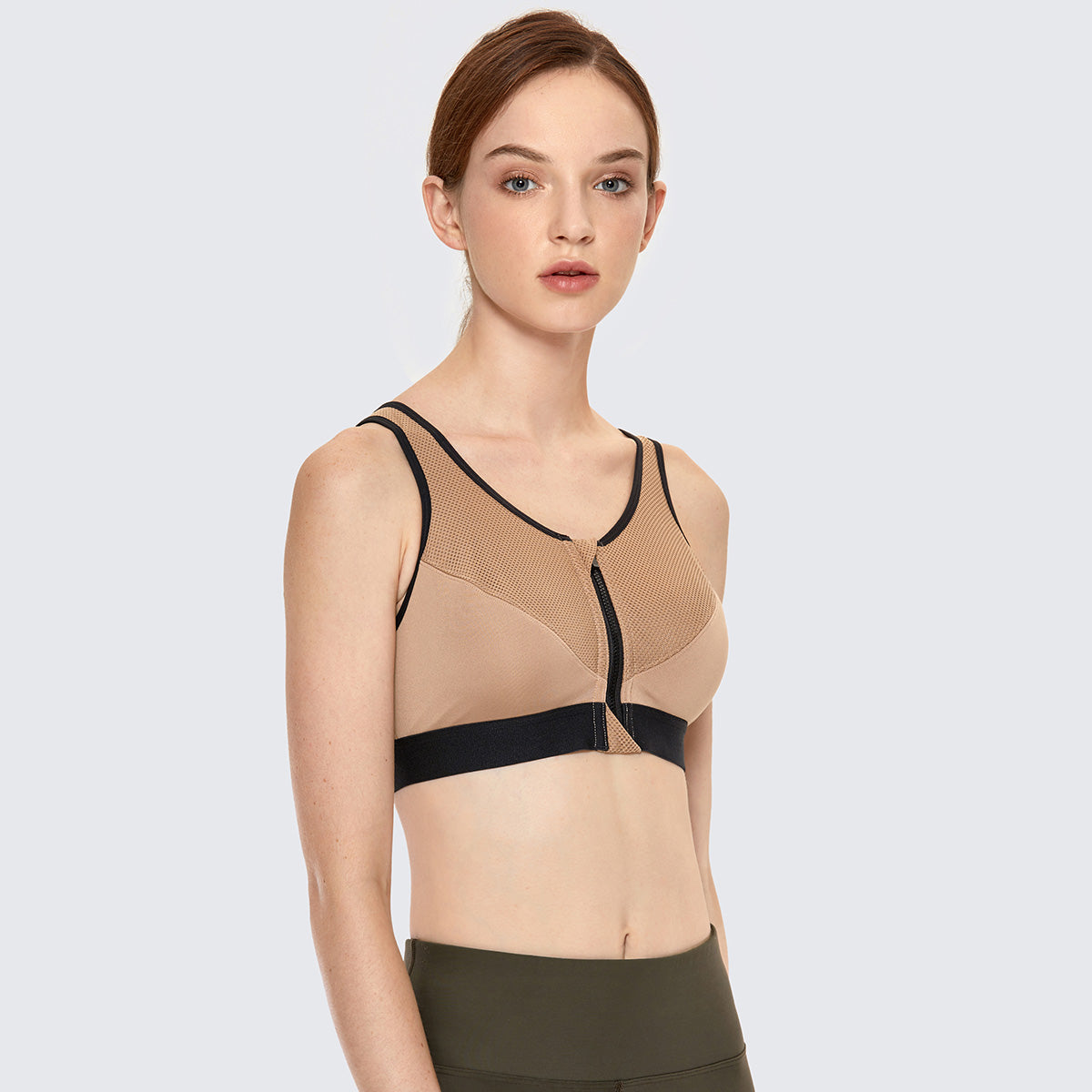 full length zip front wireless racerback sports bra all nude 2