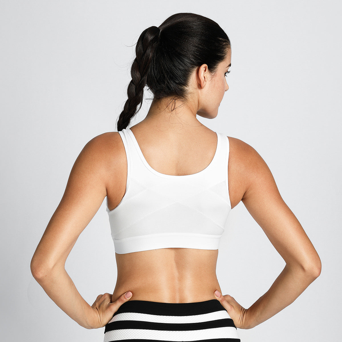 full length zip front wireless racerback sports bra all white 3