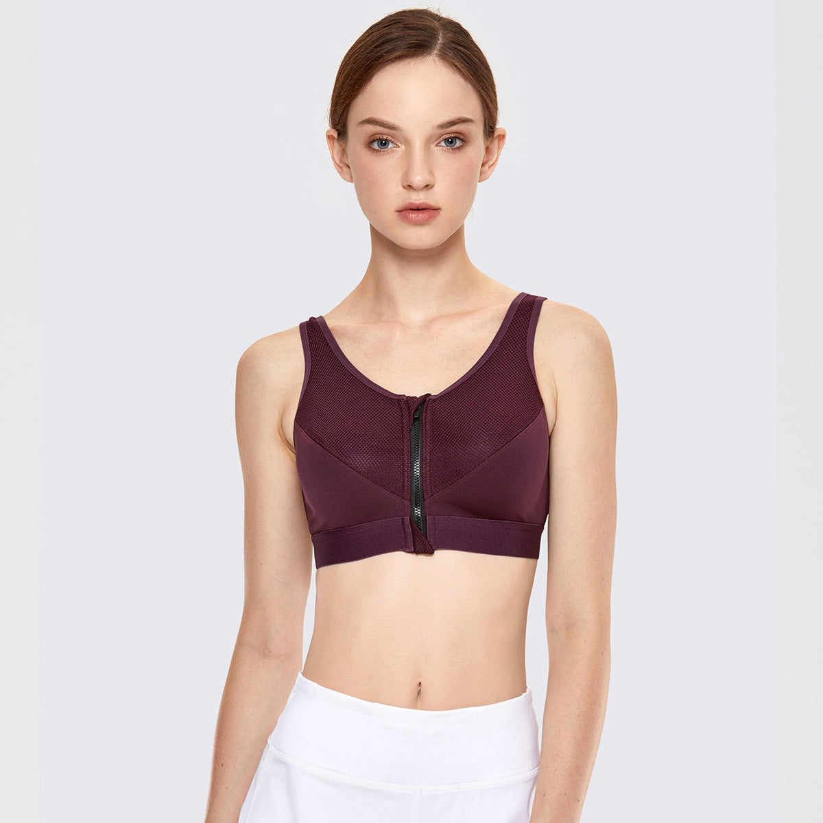 full length zip front wireless racerback wine sports bra all wine 1