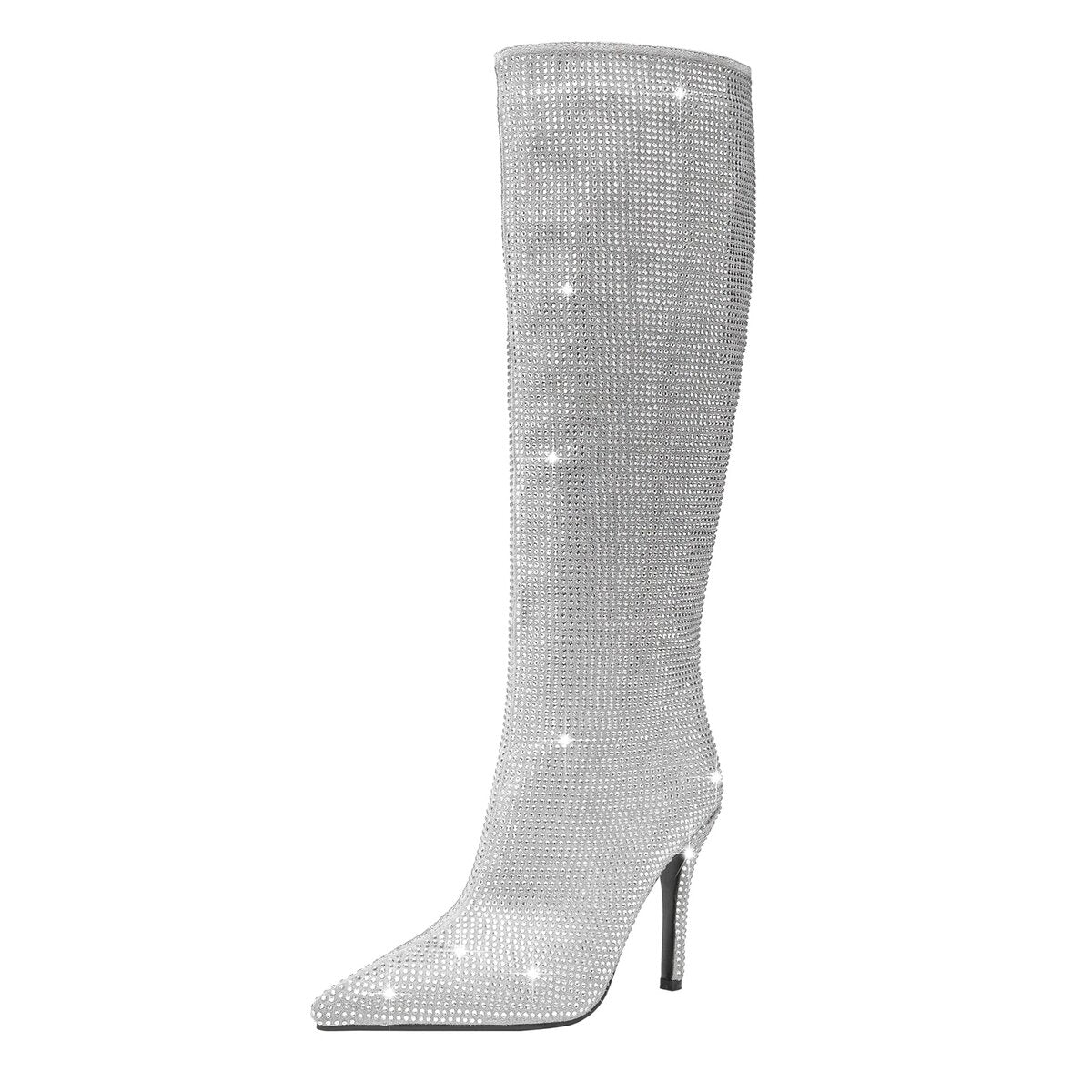 Full Rhinestone Crystal Pointed Toe Stiletto Knee High Boots