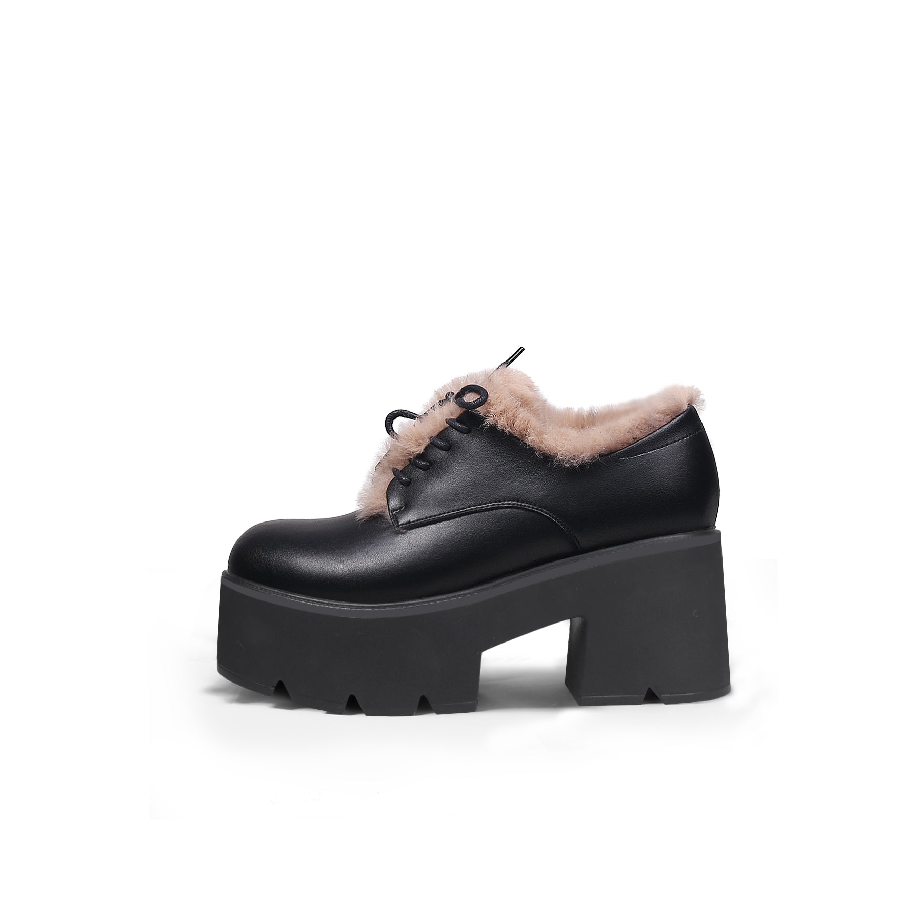 Fur Lined Black Platform Leather Shoes